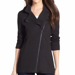 Eileen Fisher Black Organic Cotton Asymmetrical Full Zip‎ Moto Jacket Medium